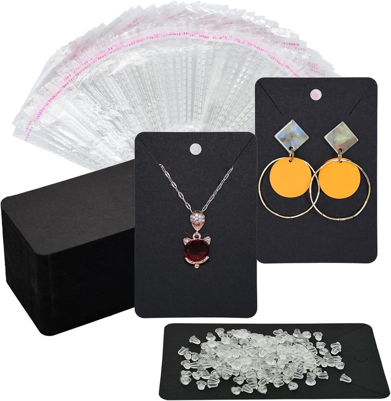 Twavang Black Earring Display Cards with 100Pcs Earring Holder Cards, 200 Pcs Ear Backs and 100Pcs Jewelry Packaging Bag for Earrings Necklace Jewelry Display (3.5" x 2.3" Inches) - Image 1
